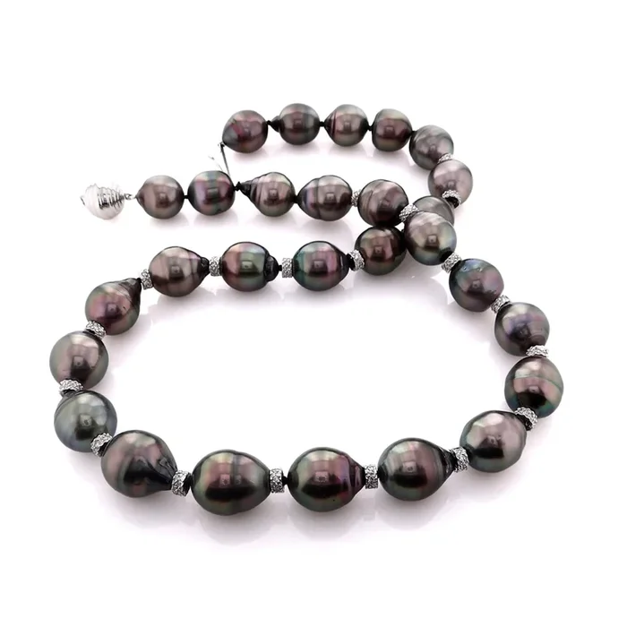 Estate 14k White Gold 19″ Semi-Baroque Black Pearl and Diamond Necklace