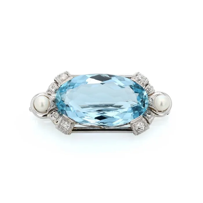 Estate 14k White Gold Oval Aquamarine, Pearl and Diamond Pin
