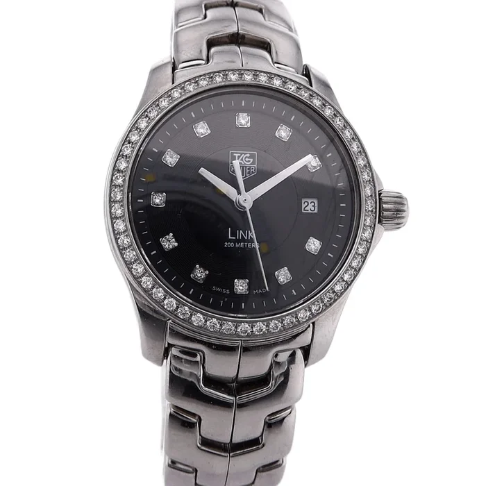 Estate Tag Heuer Stainless Steel Ladies Link Black Diamond Dial Diamond Bezel WJF131A