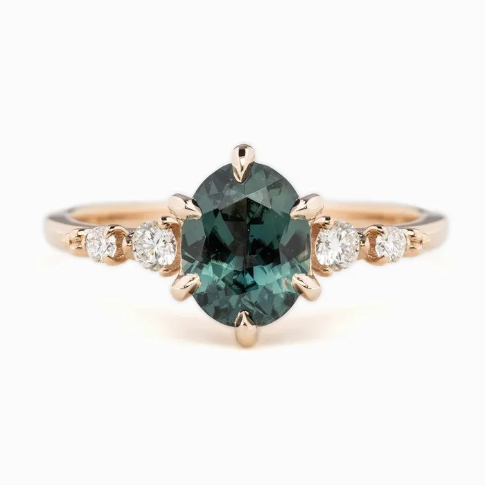Estel Fleur Six Prongs Ring 1.48ct Blue Green Oval African Sapphire, 14K Rose Gold (One of a kind)