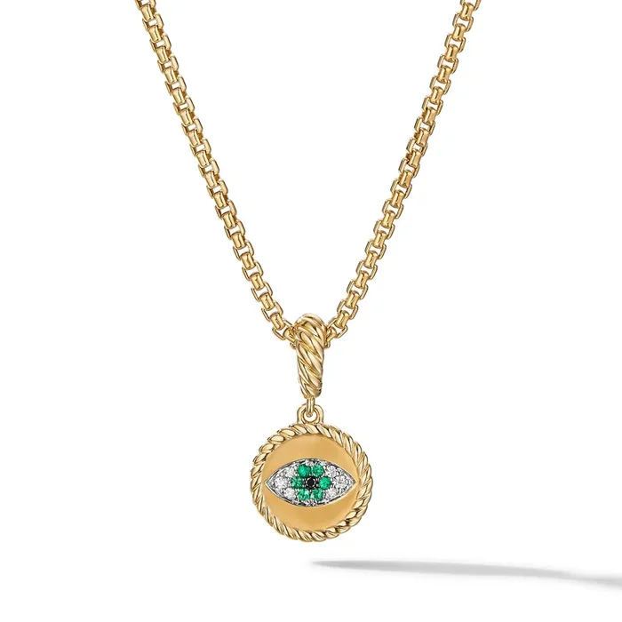 Evil Eye Amulet in 18K Yellow Gold with Pavé Emeralds and Diamonds, 18.8mm