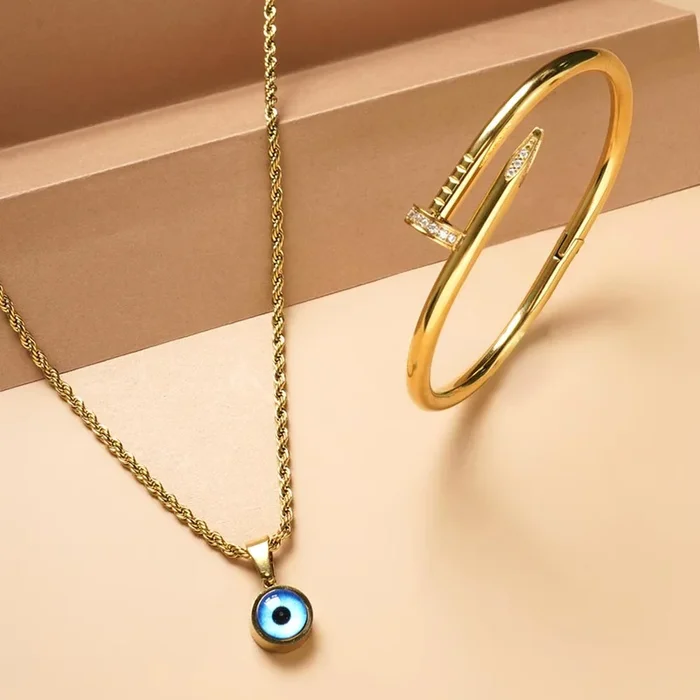 Evil-Eye Spiral Necklace & Nail Bangle Bracelet Combo Set