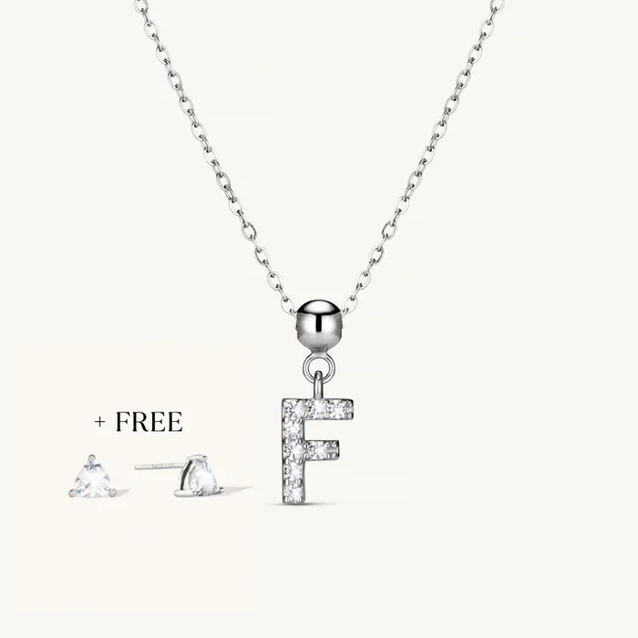 F Diamond Initial Charm Necklace + FREE Diamond Trio Studs Silver