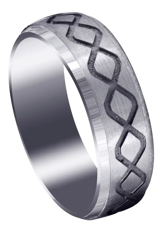 Fancy Carved Contemporary Mens Wedding Band | Satin / High Polish Finish (Luke)