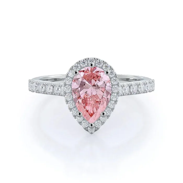 Fancy Pink Pear Pave Halo Diamond Engagement Ring