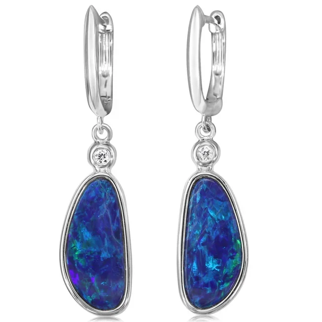 Fancy Shape Australian Opals and Diamonds Leverback Earrings in 14K White Gold (.03ctw)