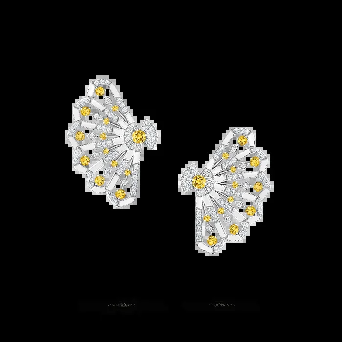 Fanfare Symphony Diamond and Yellow Sapphire Earrings | In 18ct White Gold with White Agate