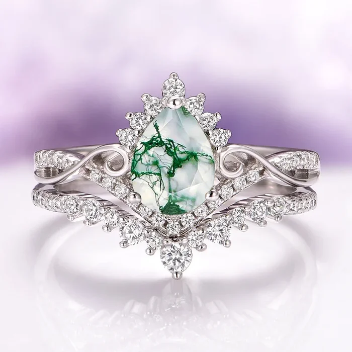 Faye Green Moss Agate Engagement Ring Set in Sterling Silver