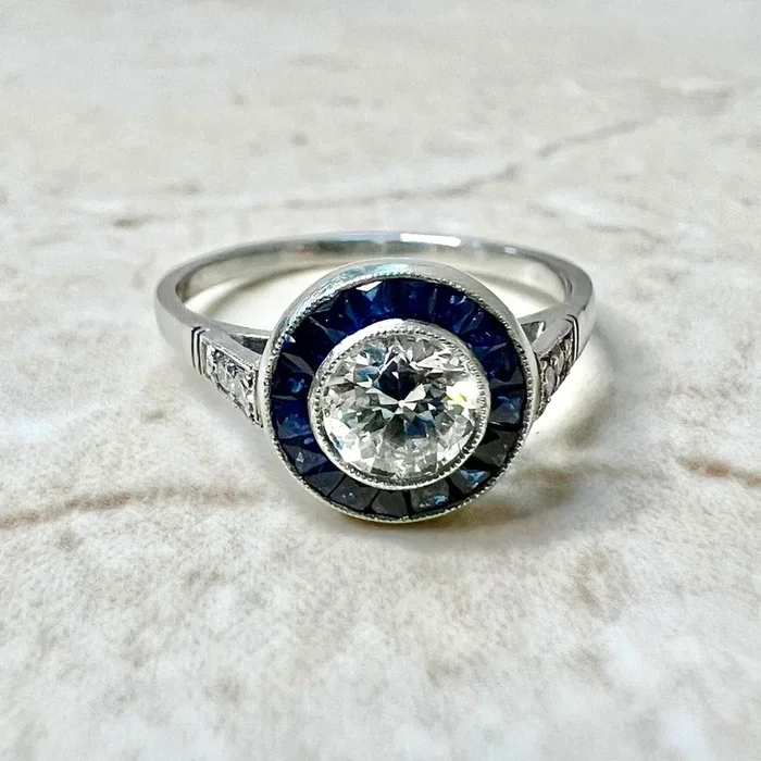 Fine Art Deco Style Handcrafted Platinum 0.50 Carat Old European Diamond & Sapphire Halo Engagement Ring