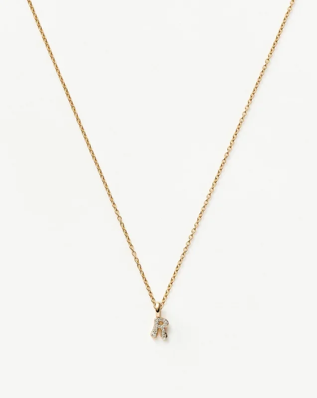 Fine Diamond Initial Mini Pendant Necklace – R | 14k Solid Yellow Gold Plated/Diamond