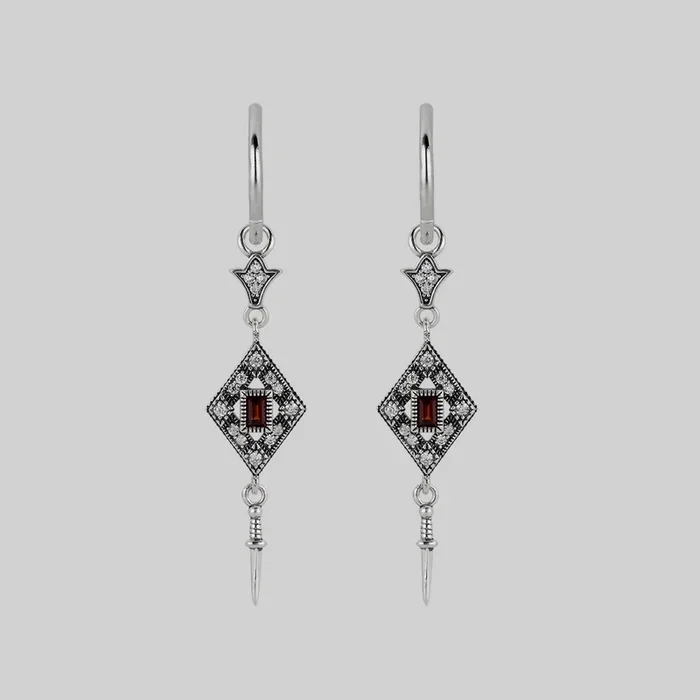 FLAPPER. Gatsby Garnet & Sword Hoop Earrings – Silver