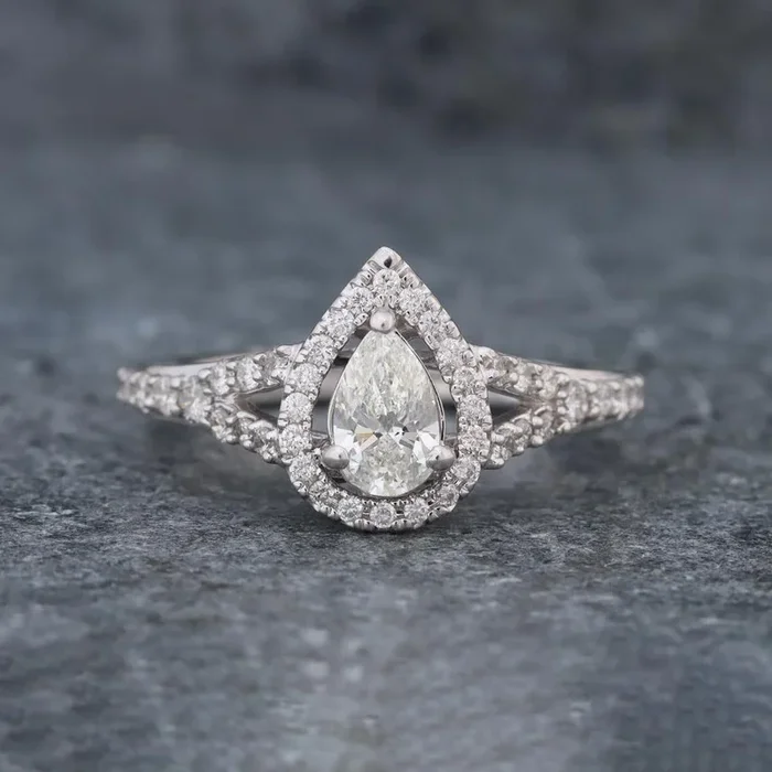 Floating Halo Pear Diamond Solitaire Ring 1.00 cttw in 14k White Gold