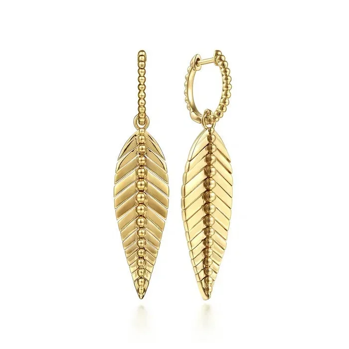 Floral – 14K Yellow Plain Gold Huggie Drop Leaf Earrings