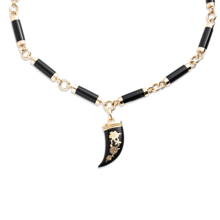 Floral Inlay La Loba Claw Onyx Stone Oversized Necklace : in Yellow Gold with Ceramic