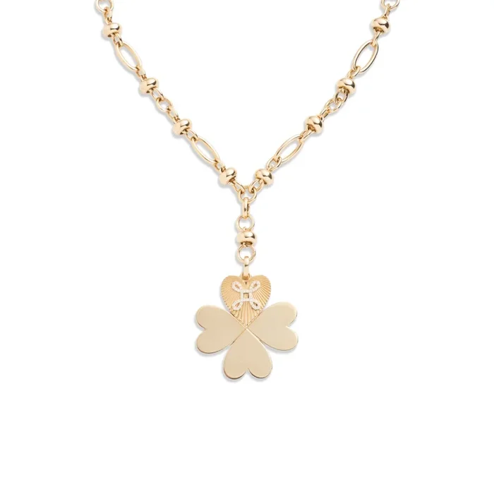 Four Heart Clover Love Knot Orbit Extension Necklace : in Yellow Gold with Pave Diamonds