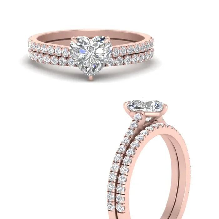 French Pave Heart Diamond Wedding Ring Set