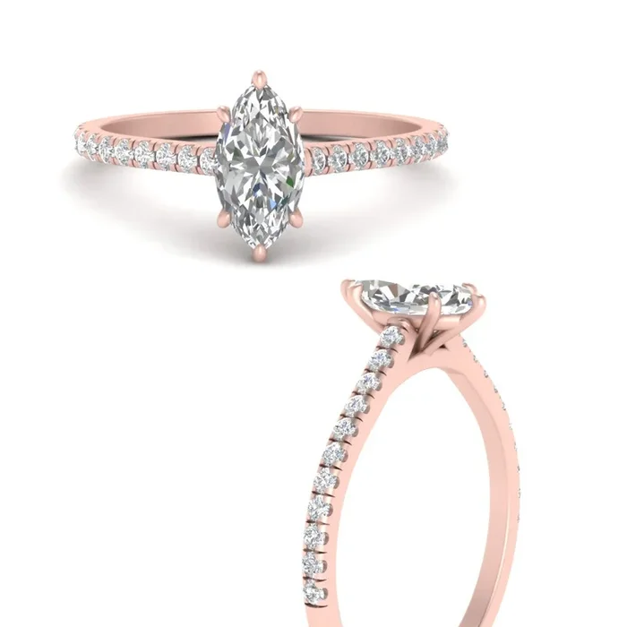French Pave Marquise Diamond Cathedral Engagement Ring