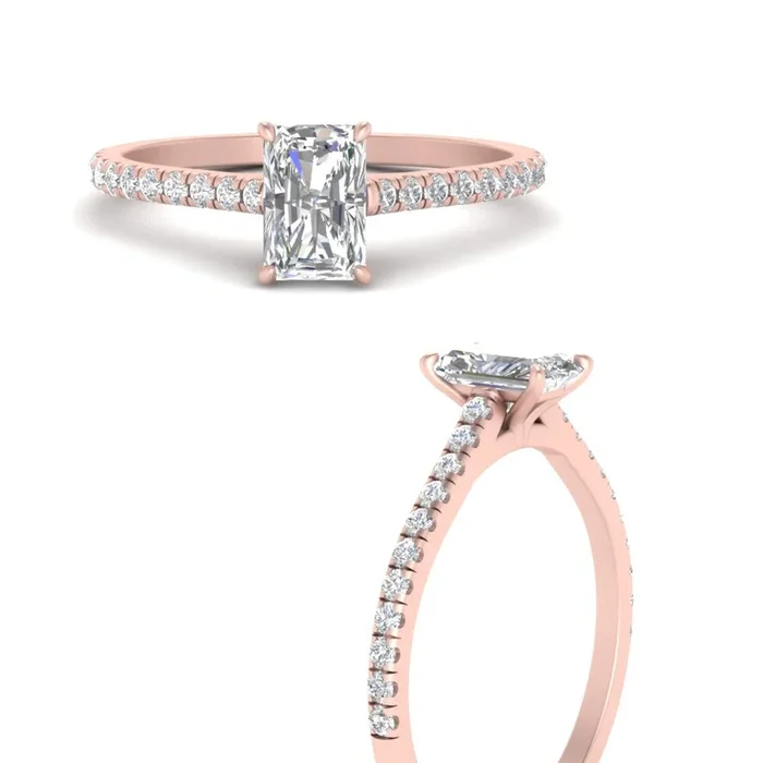 French Pave Radiant Diamond Cathedral Engagement Ring