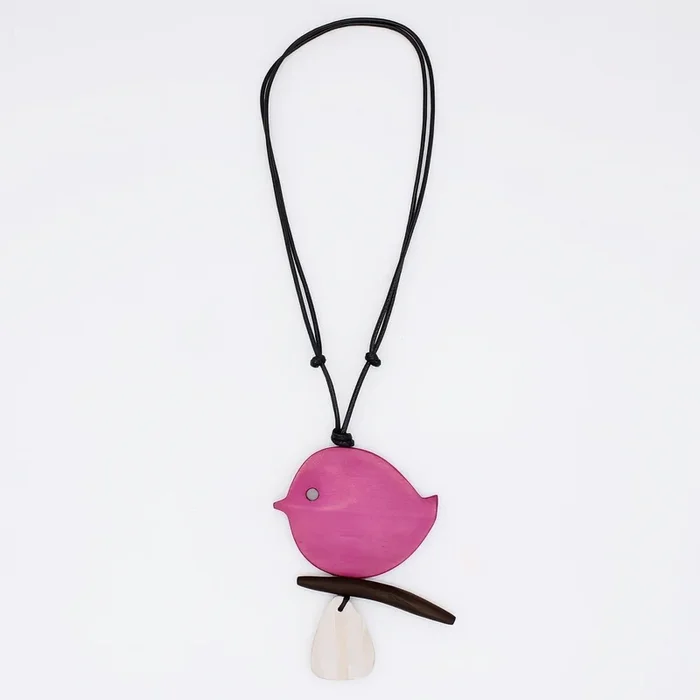 Fuchsia Robin On A Branch Necklace