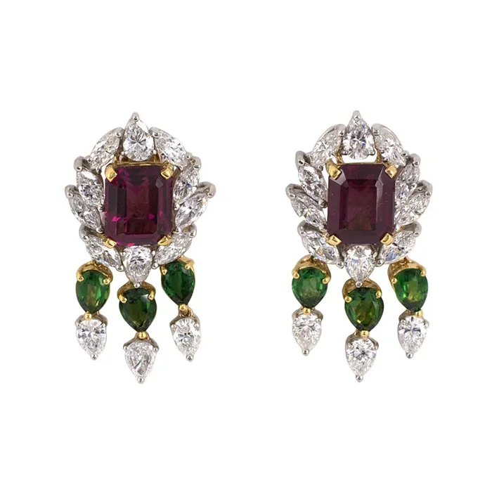 Garnet, Tourmaline & Diamond Dangle Earrings