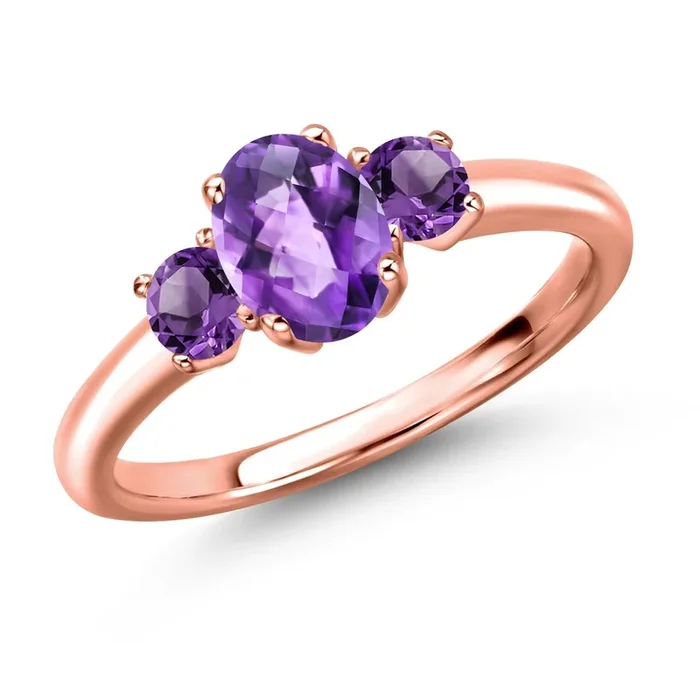 Gemstone Birthstone 3-Stone Engagement Ring for Women in 18K Rose Gold Plated Silver | Oval 7X5MM and Round 3MM | Wedding Anniversary Promise Ring | Sizes 5, 6, 7, 8, 9