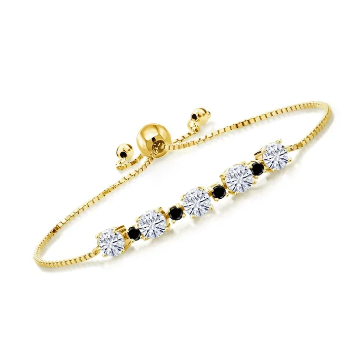 Gemstone Birthstone and Black Diamond Tennis Bracelet for Women in 18K Yellow Gold Plated Silver | Round 5MM and 2.5MM | Adjustable Bolo Design | Easy-On Easy-Off | Fully Adjustable Up to 9 Inch