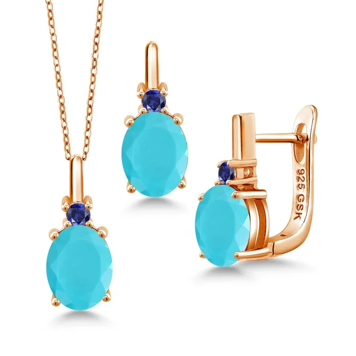 Gemstone Birthstone and Blue Created Sapphire Pendant and Earrings Jewelry Set for Women in 18K Rose Gold Plated Silver | Oval 8X6MM and Round 2.5MM | With 18 Inch Chain
