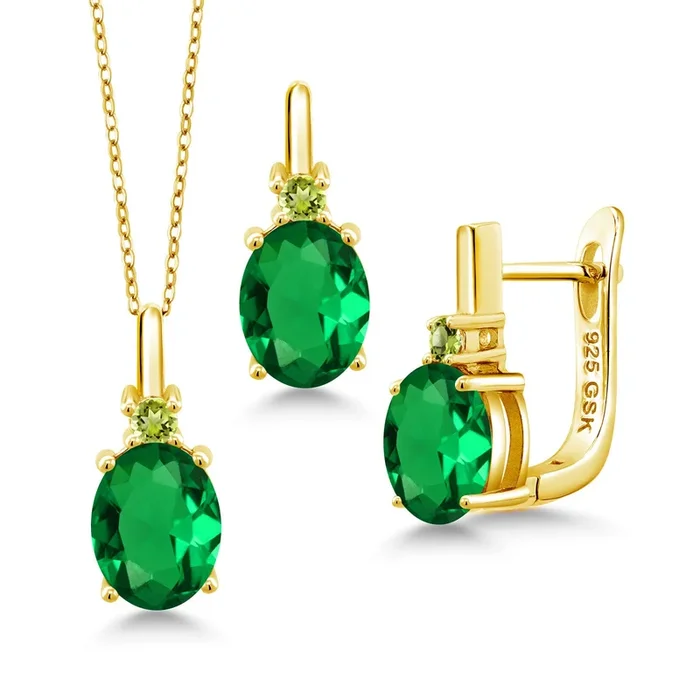 Gemstone Birthstone and Green Peridot Pendant and Earrings Jewelry Set for Women in 18K Yellow Gold Plated Silver | Oval 8X6MM and Round 2.5MM | With 18 Inch Chain
