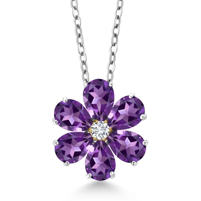 Gemstone Birthstone and Lab Grown Diamond Flower Pendant Necklace For Women | 925 Sterling Silver and 10K Yellow Gold | Pear Shape 6X4MM | With 18 Inch Chain