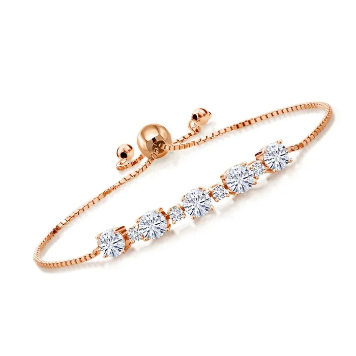 Gemstone Birthstone and Lab Grown Diamond Tennis Bracelet for Women in 18K Rose Gold Plated Silver | Round 5MM and 2.5MM | Adjustable Bolo Design | Easy-On Easy-Off | Fully Adjustable Up to 9 Inch