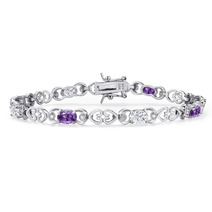 Gemstone Birthstone and Moissanite Heart Link Tennis Bracelet for Women | 925 Sterling Silver | Oval 6X4MM | 7.25 Inch Length | Double Locking Fold Over Clasp | Jewelry for Her Mom Wife