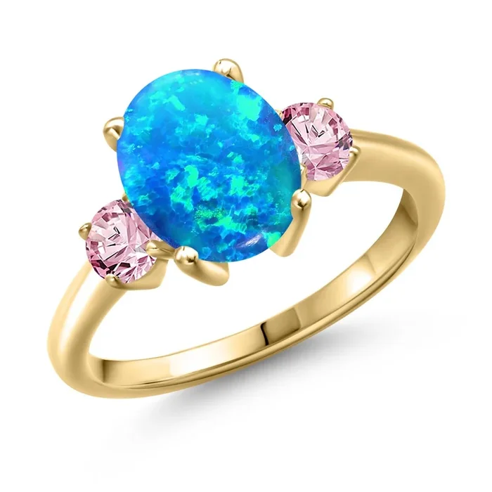 Gemstone Birthstone and Pink Lab Grown Diamond 3-Stone Engagement Ring For Women | 18K Yellow Gold Plated Silver | Oval 10X8MM and Round 4MM | Wedding Anniversary Promise Ring | Sizes 5, 6, 7, 8, 9