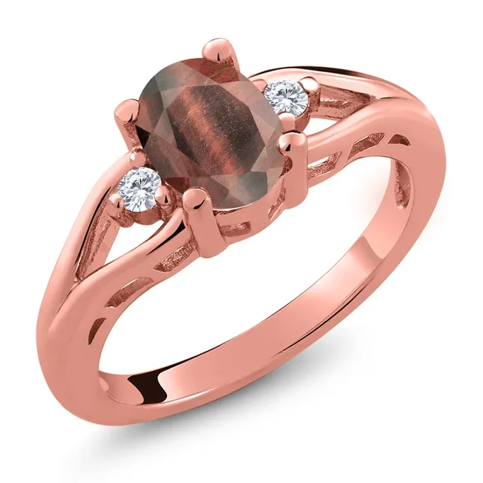 Gemstone Birthstone and White Moissanite 3-Stone Engagement Ring for Women in 18K Rose Gold Plated Silver | Oval 8X6MM and Round 2MM | Elegant Three-Stone Wedding Anniversary Promise Ring | Sizes 5-9