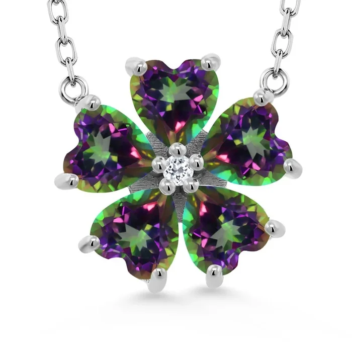 Gemstone Birthstone and White Topaz Flower Pendant Necklace for Women | 925 Sterling Silver | Heart Shape 6MM Petals and Round 2MM Center | With 18 Inch Chain | Fine Jewelry for Her Mom Wife
