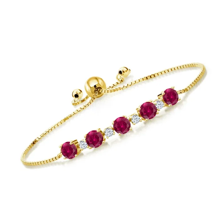 Gemstone Birthstone Tennis Bracelet for Women in 18K Yellow Gold Plated Silver | Round 5MM and 2.5MM Accent Stones | Adjustable Bolo Design | Easy-On Easy-Off | Fully Adjustable Up to 9 Inch