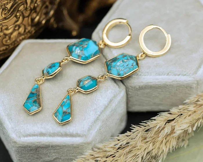 GEO COLLECTION – 18K GOLD VERMEIL TRIPLE DANGLE EARRINGS WITH TURQUOISE – BY JORGE REVILLA