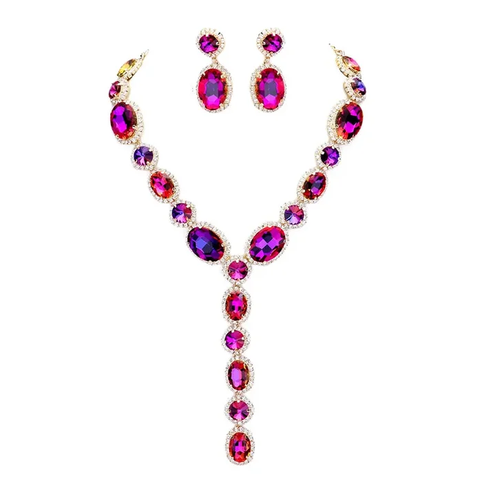 Glamour Queen Necklace & Pierced Earrings Set (Goldtone/Mystic Iridis)