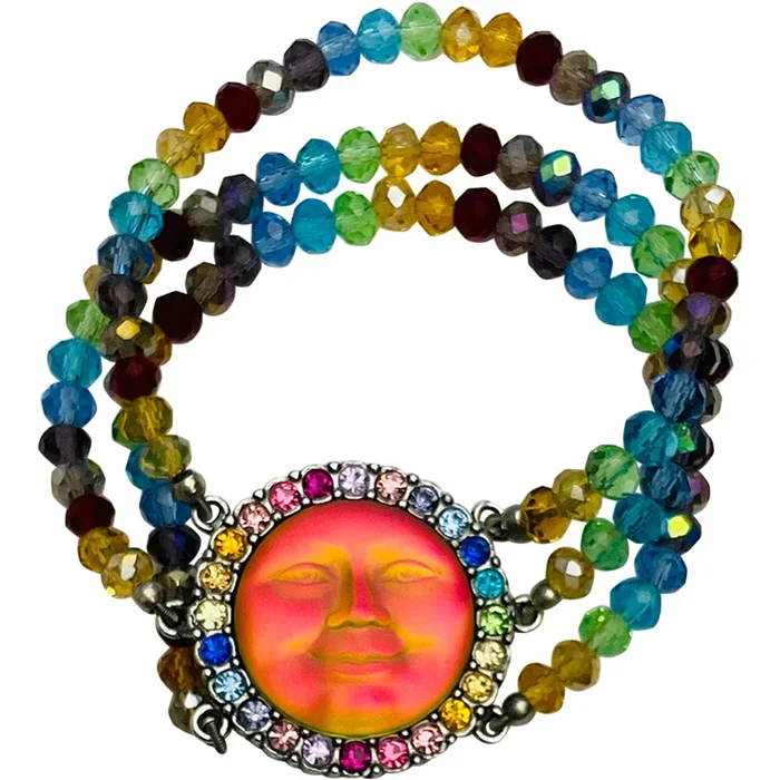 Glass Seaview Moon 3 Strand Beaded Stretch Bracelet (Silver Ox/Iridis)