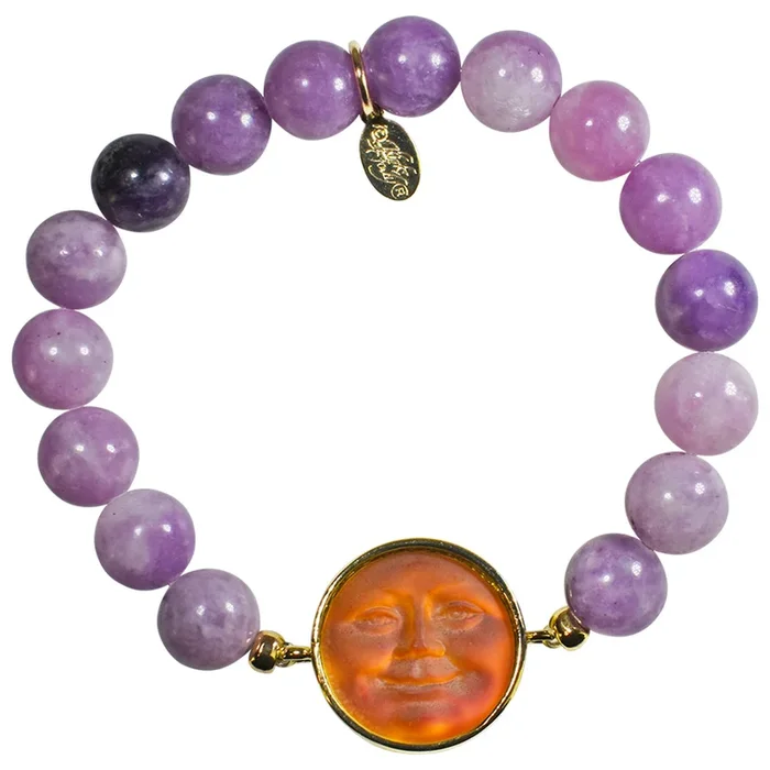 Glass Seaview Moon Lepidolite 10mm Stretch Bracelet (Goldtone/Volcano)