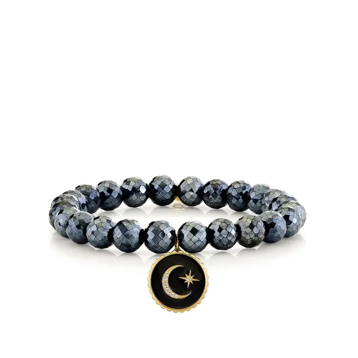 Gold & Diamond Celestial Medallion with Scalloped Edge on Black Spinel