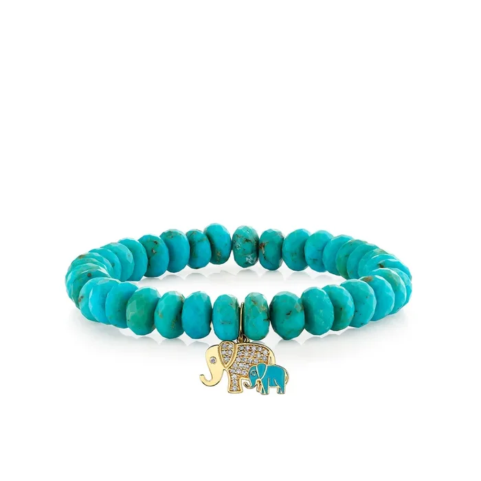 Gold & Diamond Turquoise Enamel Elephant Family Charm on Turquoise