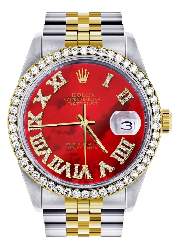 Gold & Steel Rolex Datejust Watch 16233 for Men | 36Mm | Diamond Red Roman Dial | Jubilee Band