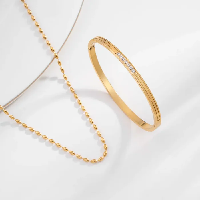 Gold Beaded Necklace & Diamond Allure Bangle Bracelet Combo Set