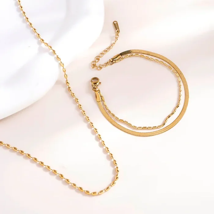 Gold Beaded Necklace & Multi-layered Beaded Bracelet Combo Set