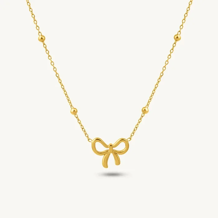 Gold Bow Pendant with Beaded Chain Necklace