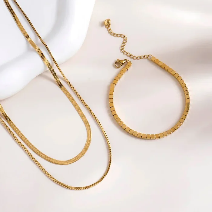 Gold Cube Chain Bracelet & Double Chain Delight Necklace Combo Set