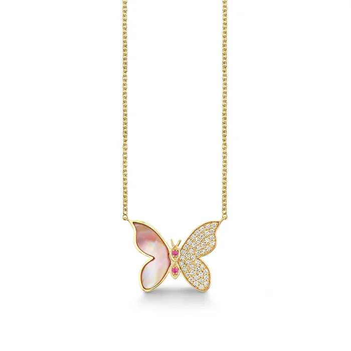 Gold, Diamond, Pink Sapphire & Mother of Pearl Wicked Glinda Stone Inlay Pave Butterfly Necklace