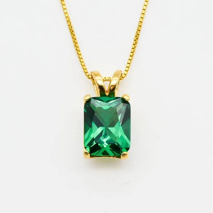 Gold Emerald Necklace – Green Square Pendant – Emerald Cut Necklace