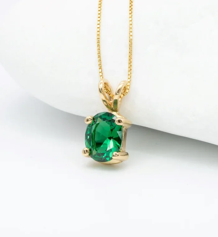 Gold Emerald Necklace, Green Solitaire Pendant, Oval Emerald Necklace