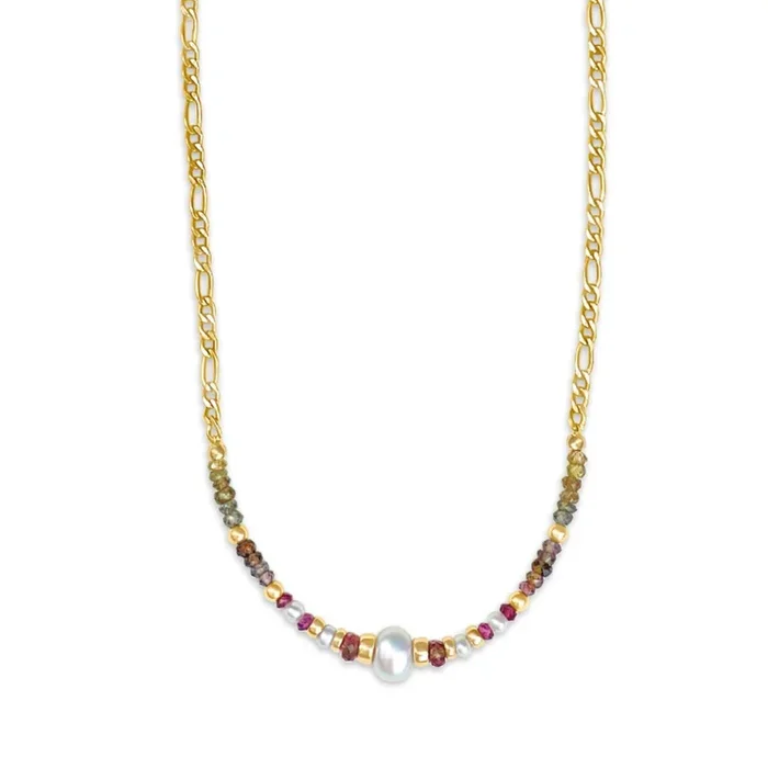 Gold filled Beaded Necklace with Gold Figaro Chain – Tourmaline & Pearls